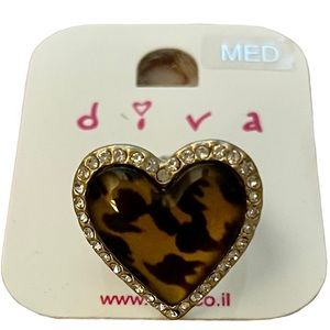 Ring DIVA Gold like Metal Heart Leopard Cheetah Med 6 7 Jewelery Faux Diamonds